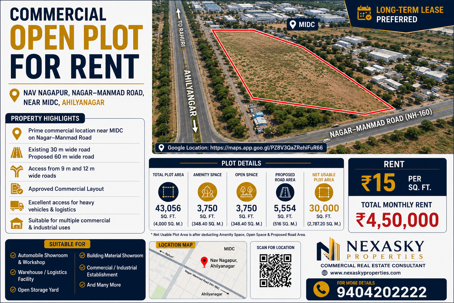 Commercial Open Plot for Rent Near MIDC, Ahilyanagar – rent in Nav Nagapur, Nagar–Manmad Road, Near MIDC, Ahilyanagar, Maharashtra